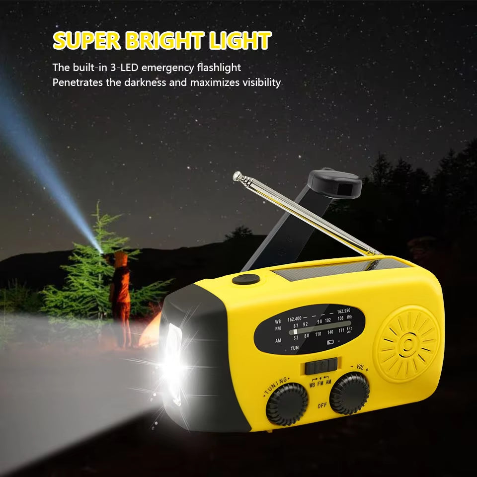 All-in-One Emergency Portable Radio with Solar Hand Crank Charger, AM/FM Reception, LED Flashlight & Indoor/Outdoor Lighting