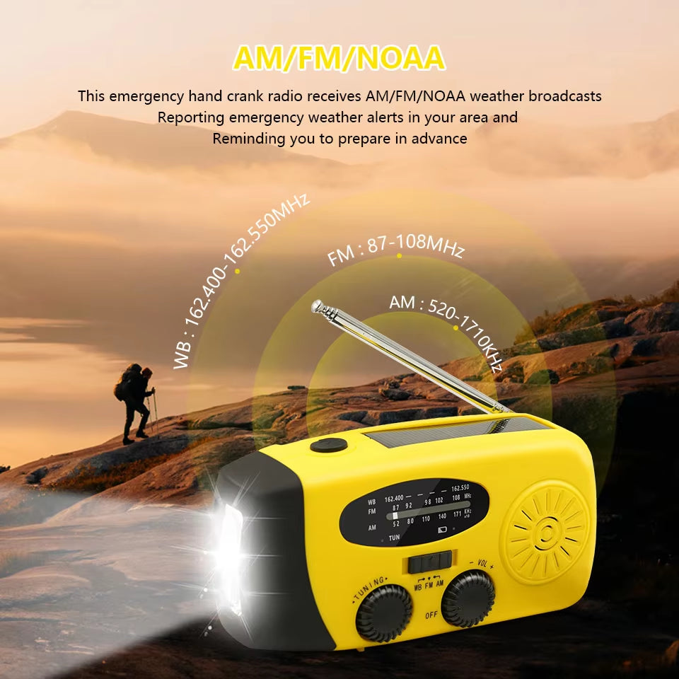 All-in-One Emergency Portable Radio with Solar Hand Crank Charger, AM/FM Reception, LED Flashlight & Indoor/Outdoor Lighting