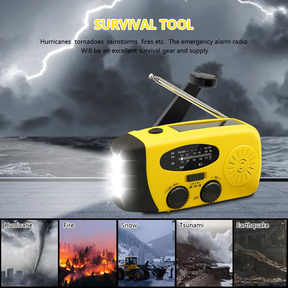 All-in-One Emergency Portable Radio with Solar Hand Crank Charger, AM/FM Reception, LED Flashlight & Indoor/Outdoor Lighting