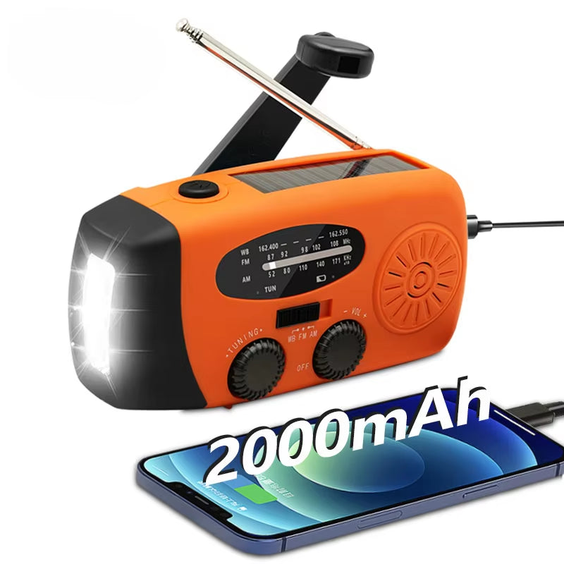 All-in-One Emergency Portable Radio with Solar Hand Crank Charger, AM/FM Reception, LED Flashlight & Indoor/Outdoor Lighting