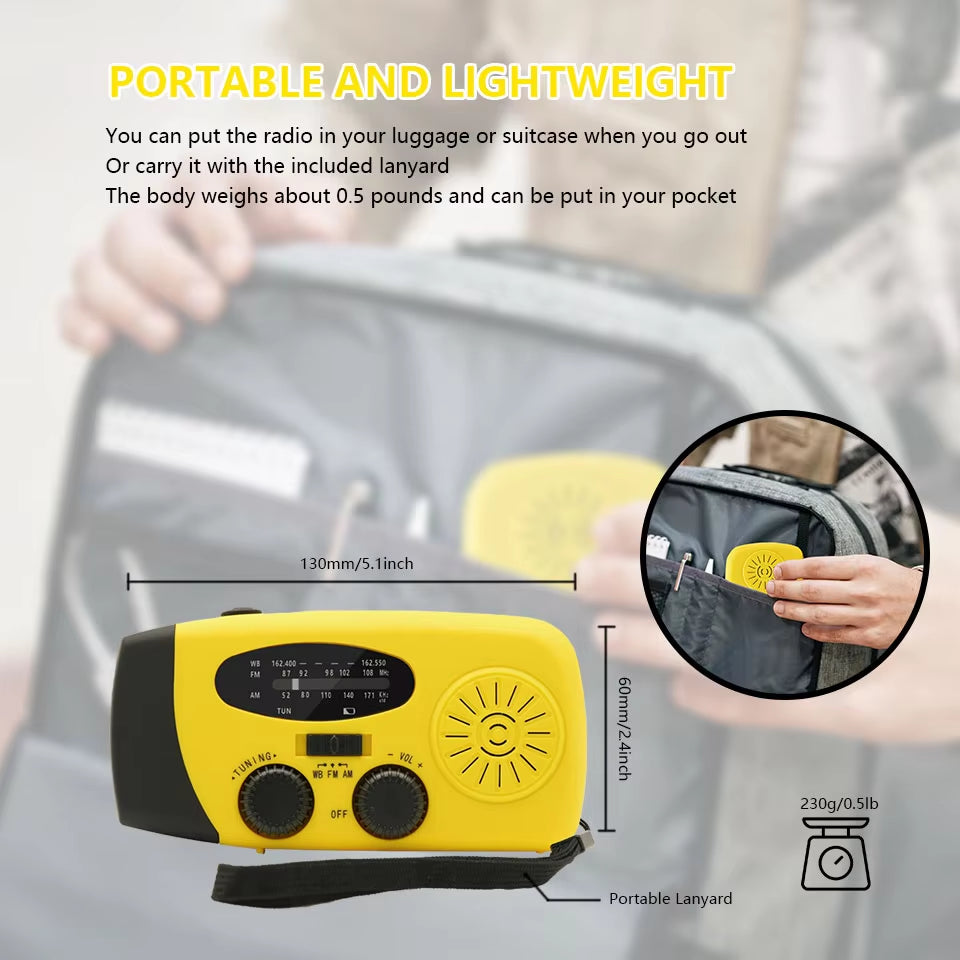 All-in-One Emergency Portable Radio with Solar Hand Crank Charger, AM/FM Reception, LED Flashlight & Indoor/Outdoor Lighting