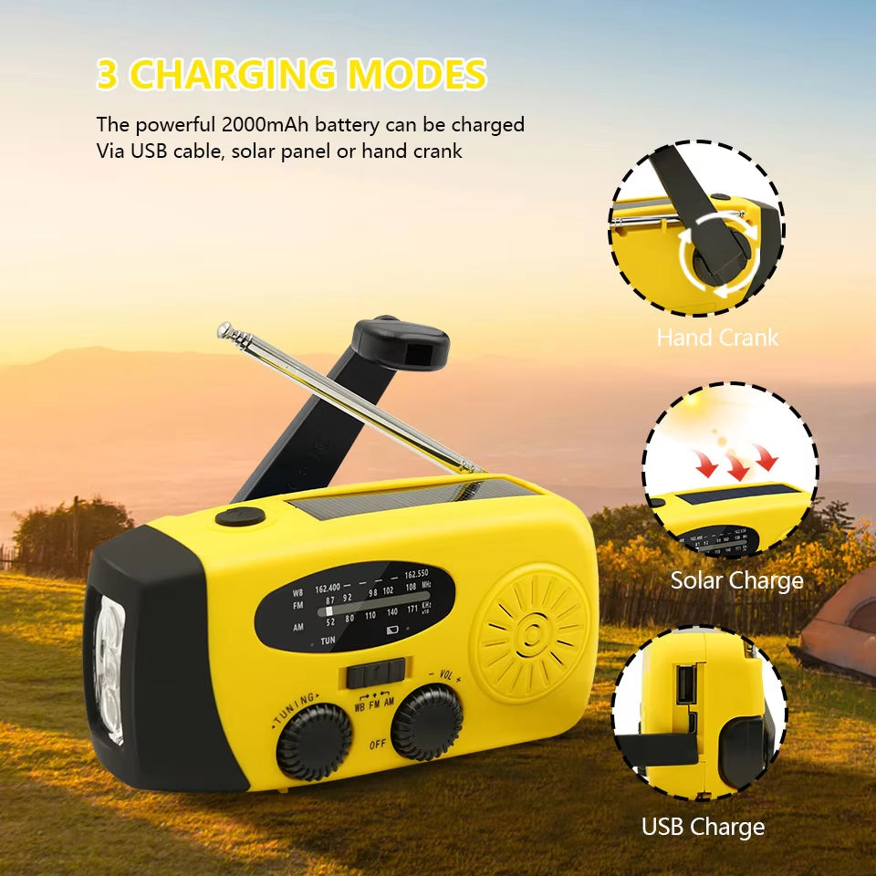 All-in-One Emergency Portable Radio with Solar Hand Crank Charger, AM/FM Reception, LED Flashlight & Indoor/Outdoor Lighting